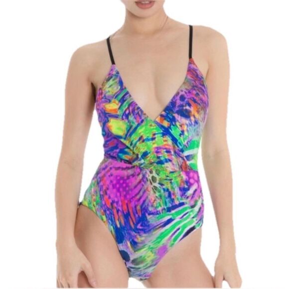 Green and Pink One Piece Swimsuit with Vibrant Design - Picture 2 of 11